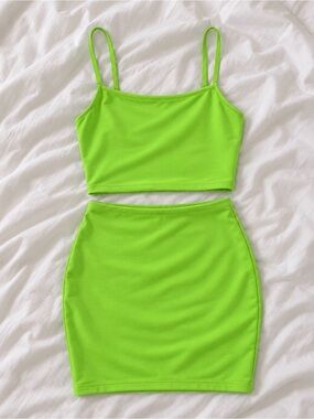 Neon Green Bodycon Mini Skirt Set- Women